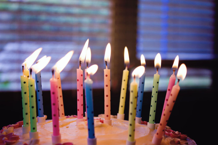 Birthday cake and colourful lit candles