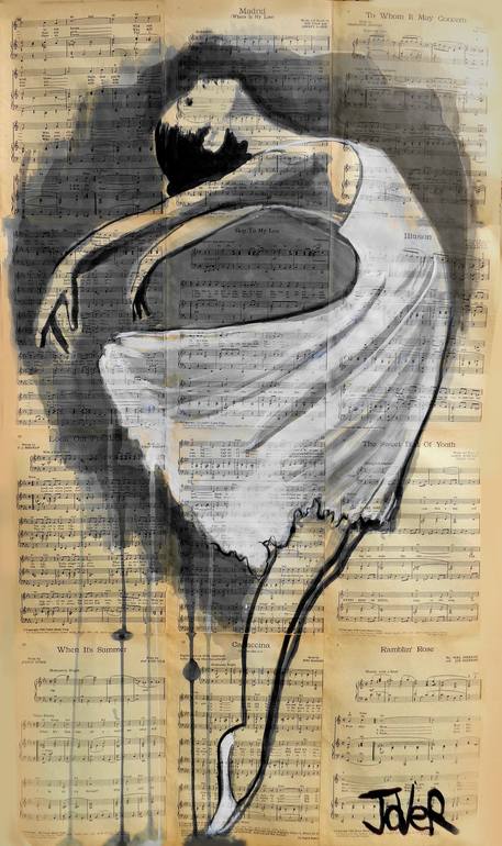 dancing girl ink drawing on vintage paper