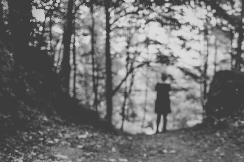 blurred photo of woman standing in forest