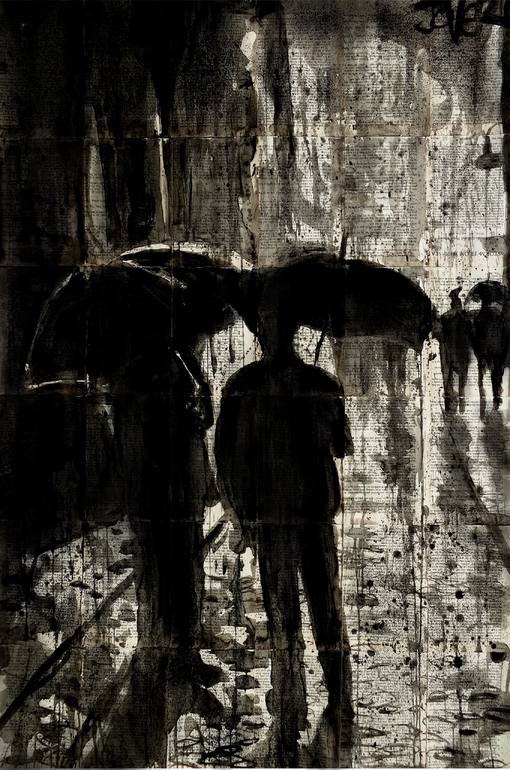 men with umbrellas ink drawing on vintage paper