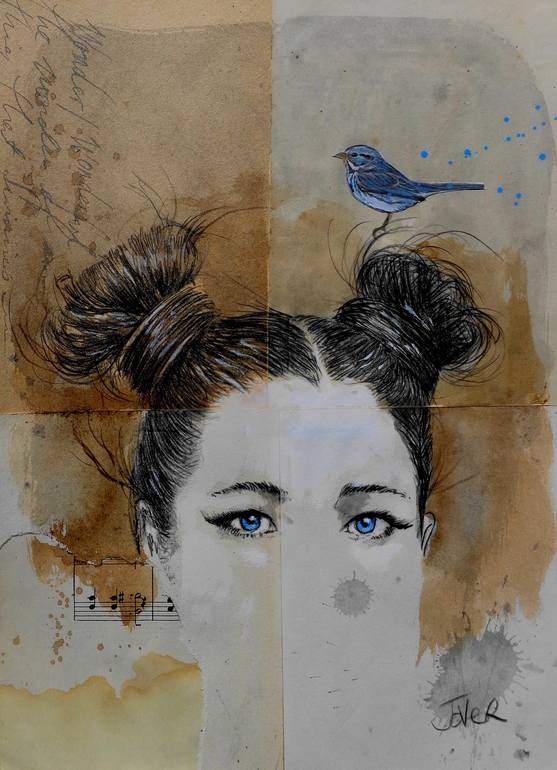 woman with blue bird ink drawing on vintage music paper